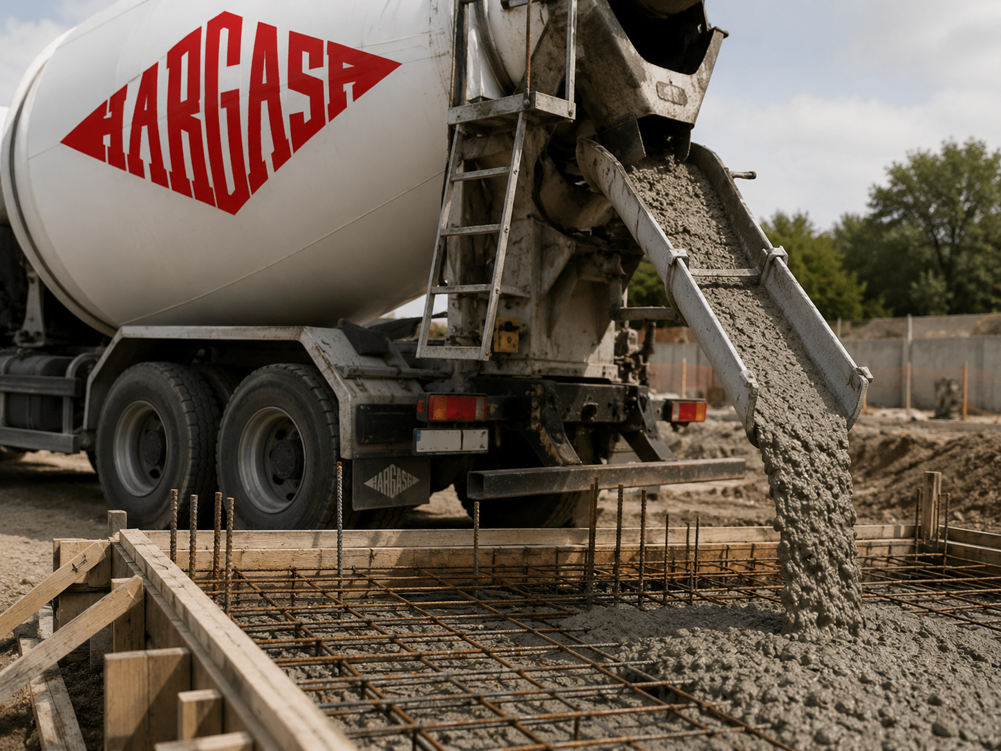 Vertido de hormigón preparado para cimentaciones de construcción